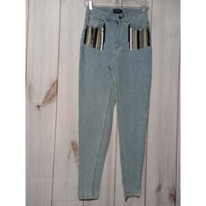 Mod X Womens High Rise Sequin Pocket Skinny Jeans Light Wash Blue Size 6 Y2k‎
